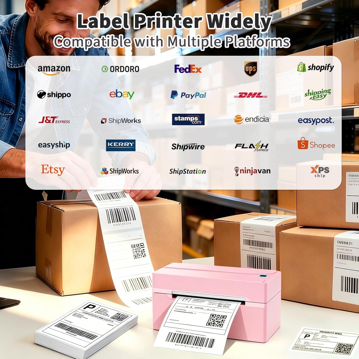Shipping Label Printer, 4X6 Bluetooth Thermal Label Printer for Shipping Packages Small Business, Thermal Printers Compatible with Android Iphone Windows Mac USPS Amazon Shopify Etsy, Pink