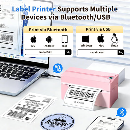 Shipping Label Printer, 4X6 Bluetooth Thermal Label Printer for Shipping Packages Small Business, Thermal Printers Compatible with Android Iphone Windows Mac USPS Amazon Shopify Etsy, Pink