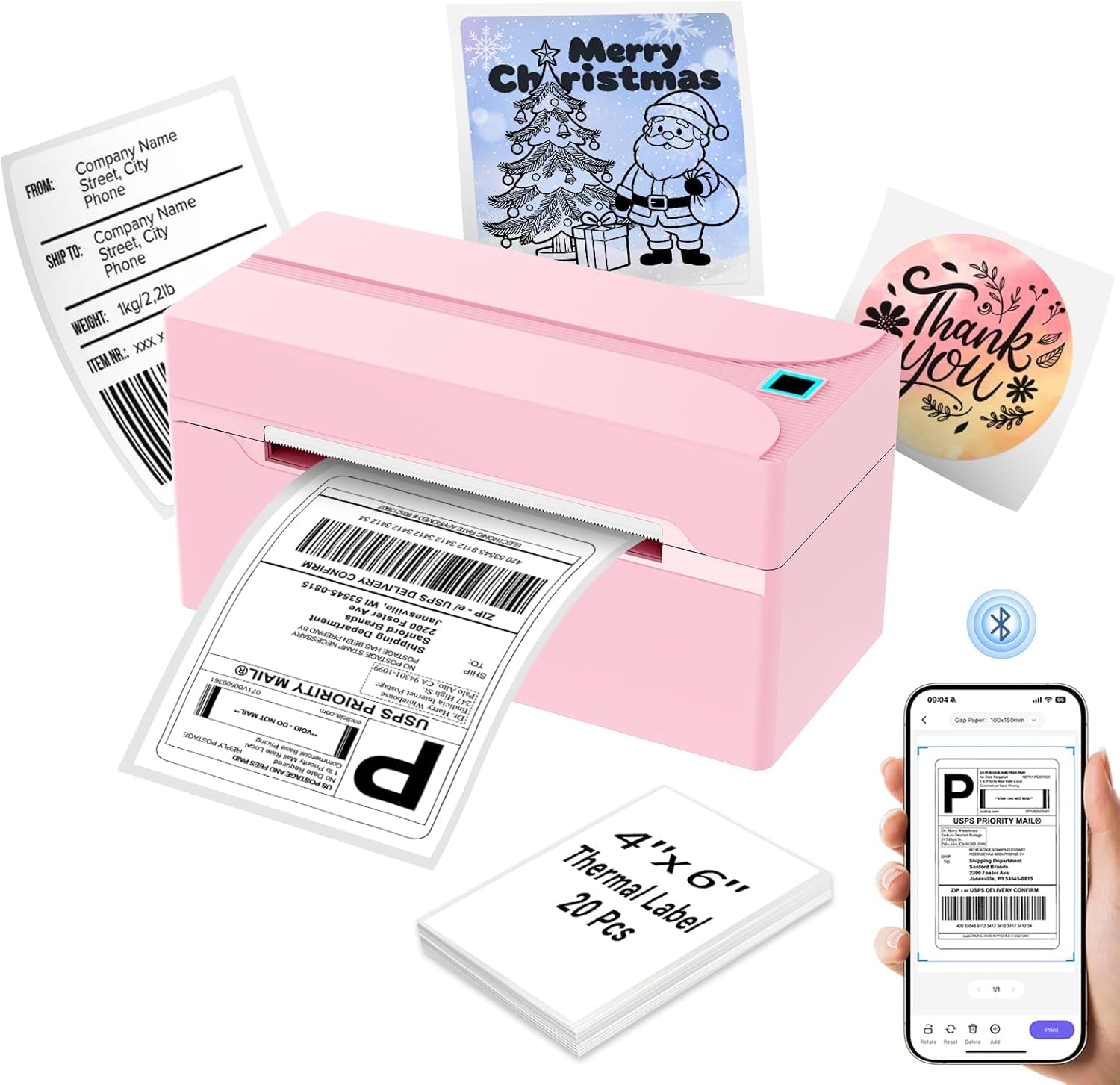 Shipping Label Printer, 4X6 Bluetooth Thermal Label Printer for Shipping Packages Small Business, Thermal Printers Compatible with Android Iphone Windows Mac USPS Amazon Shopify Etsy, Pink