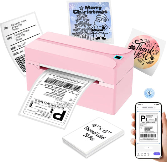 Shipping Label Printer, 4X6 Bluetooth Thermal Label Printer for Shipping Packages Small Business, Thermal Printers Compatible with Android Iphone Windows Mac USPS Amazon Shopify Etsy, Pink