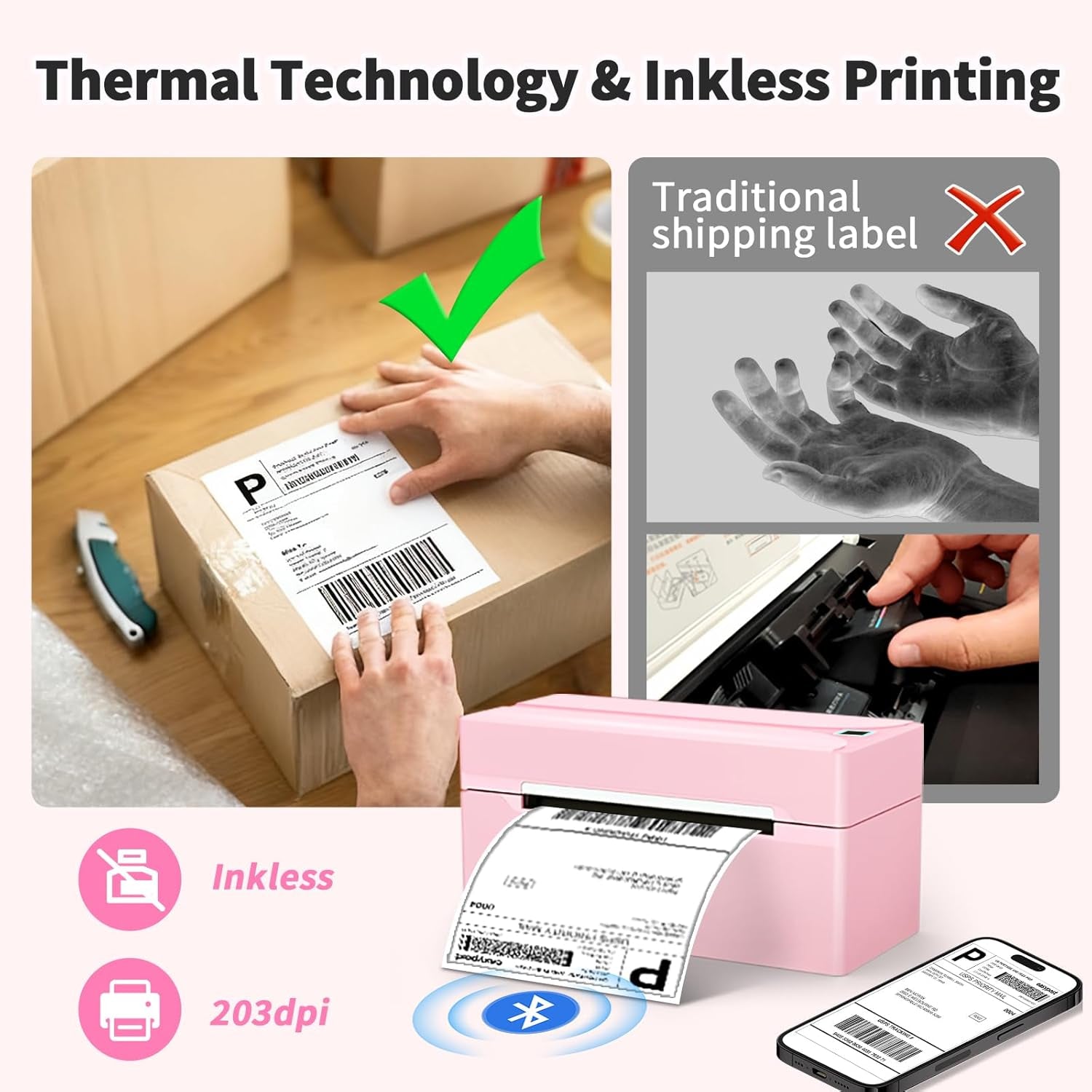 Shipping Label Printer, 4X6 Bluetooth Thermal Label Printer for Shipping Packages Small Business, Thermal Printers Compatible with Android Iphone Windows Mac USPS Amazon Shopify Etsy, Pink