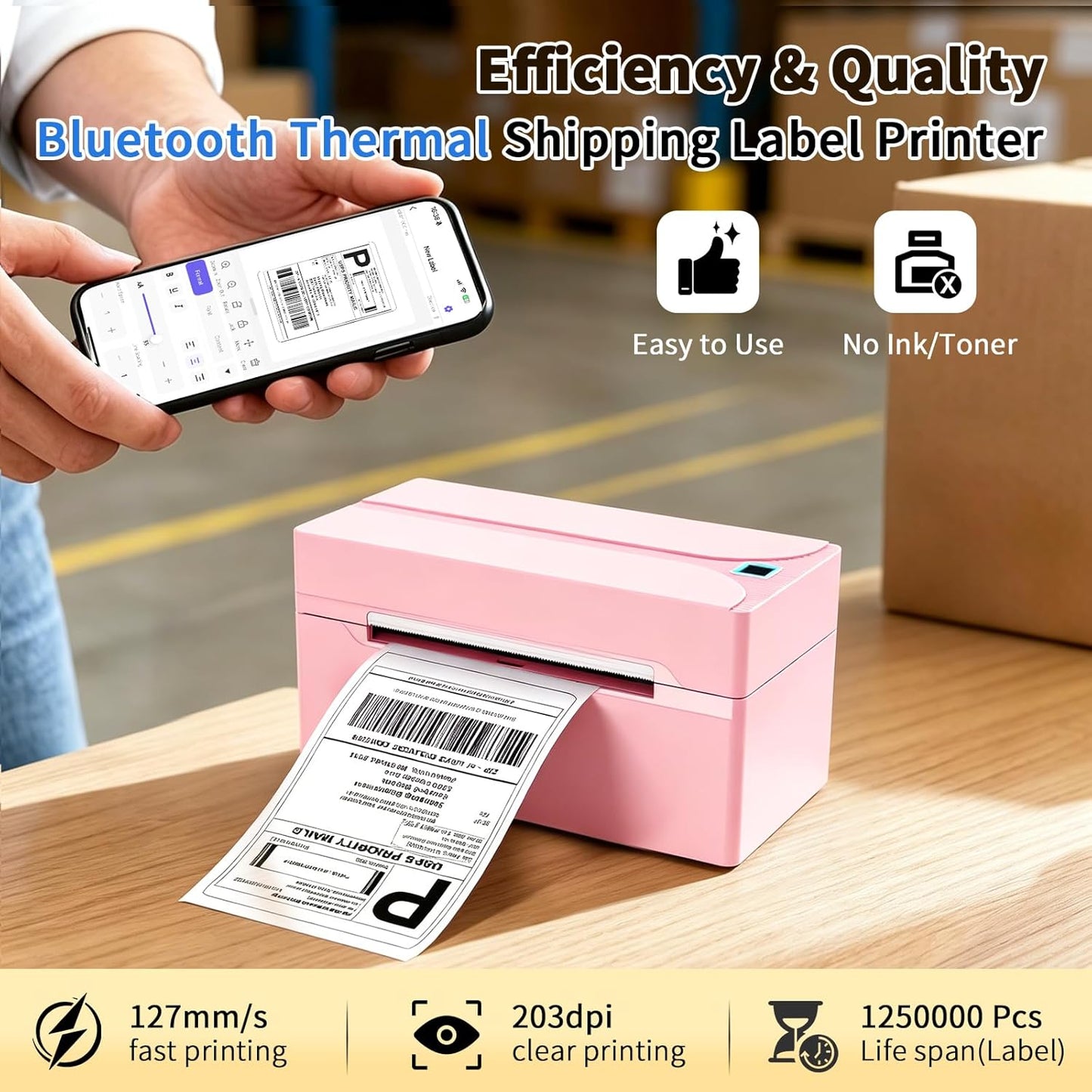 Shipping Label Printer, 4X6 Bluetooth Thermal Label Printer for Shipping Packages Small Business, Thermal Printers Compatible with Android Iphone Windows Mac USPS Amazon Shopify Etsy, Pink