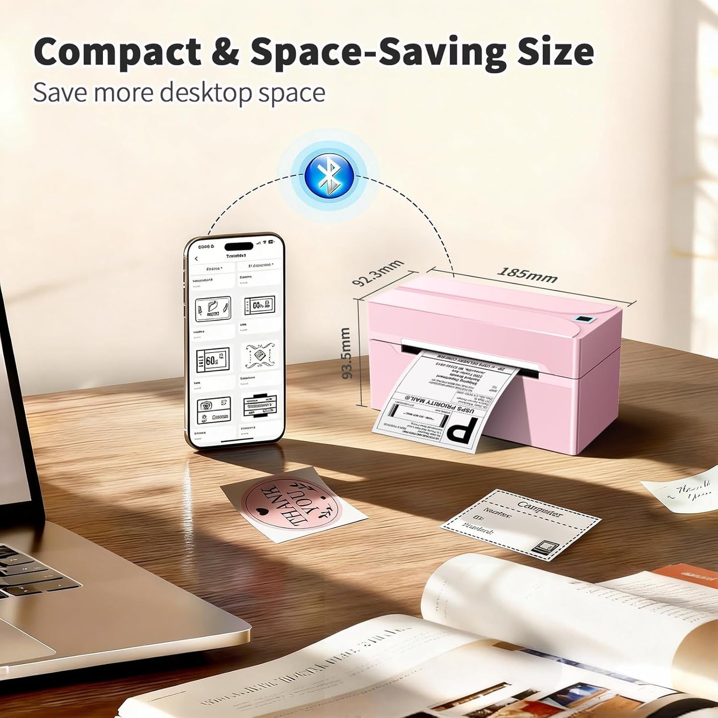 Shipping Label Printer, 4X6 Bluetooth Thermal Label Printer for Shipping Packages Small Business, Thermal Printers Compatible with Android Iphone Windows Mac USPS Amazon Shopify Etsy, Pink