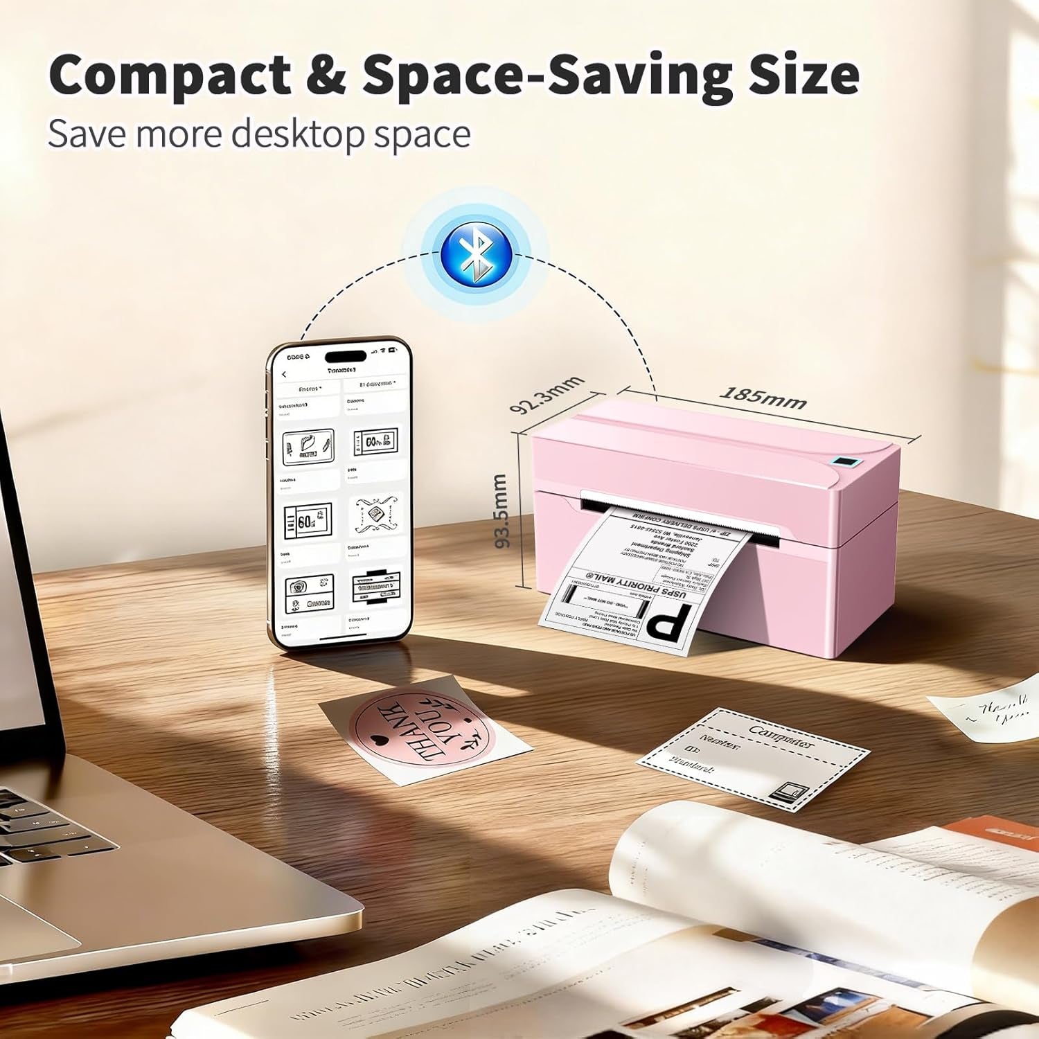 Shipping Label Printer, 4X6 Bluetooth Thermal Label Printer for Shipping Packages Small Business, Thermal Printers Compatible with Android Iphone Windows Mac USPS Amazon Shopify Etsy, Pink
